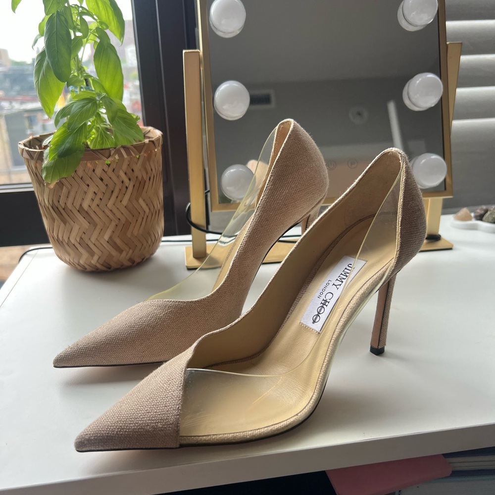 Jimmy Choo Beige Canvas & PVC Stiletto Pumps – Size 37